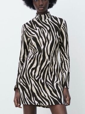 Zara Black & Cream Zebra-Print Long Sleeve Mini Dress